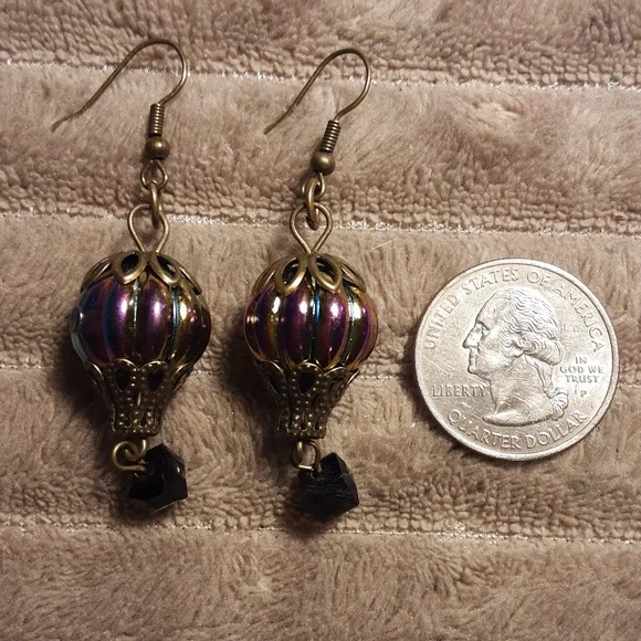 Handmade Bronze Hot Air Balloon Earrings Rainbow Finish Pierced - Picture 3 of 4